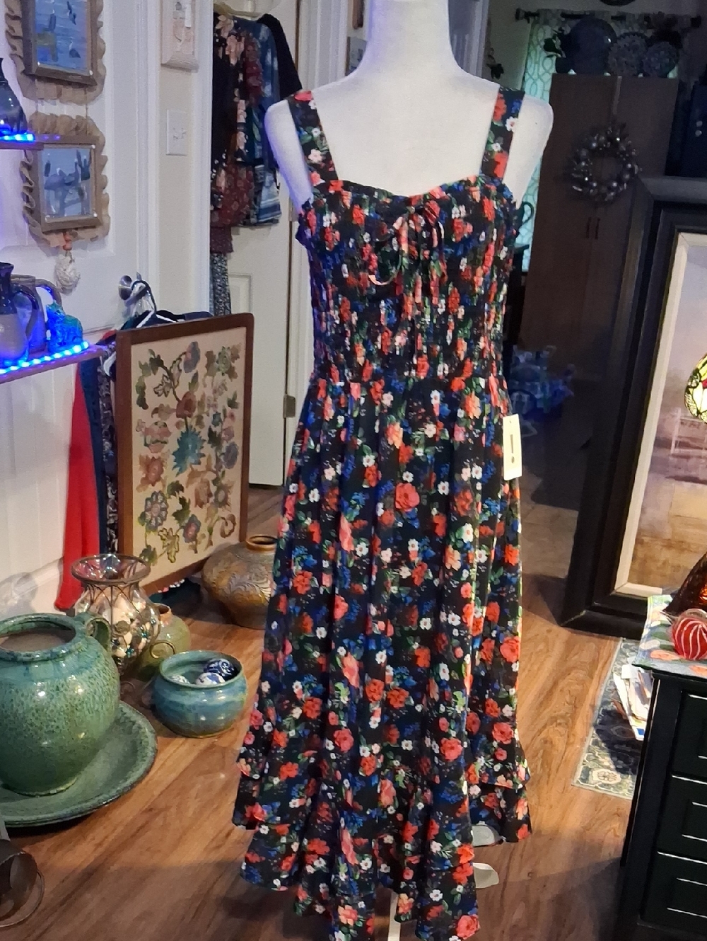 Grace Karin Black Floral Maxi Dress with Red & Blue Flowers